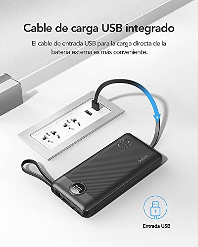 VRURC Power Bank 10000mAh Batería Externa con 4 Cables de Carga Integrados UCB C Cargador Movil Portátil Pantalla Digital LED con 4 Salidas y 2 entradas Compatible con Huawei y Smartphone