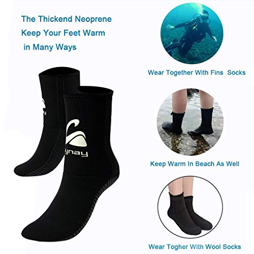 WELLPATH Calcetines de buceo de neopreno, 3mm Calcetines con aleta de agua ultra premium Trajes de neopreno térmico Calcetín antideslizante flexible para natación en la playa deportes (S, Negro)