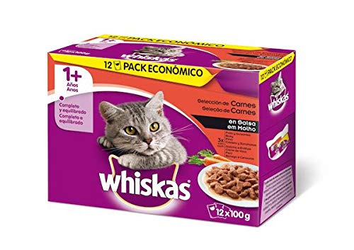 Whiskas Comida Húmeda para Gatos Selección Carnes en Gelatina, Multipack (4 cajas x 12 bolsitas x 100g)