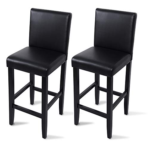 WOLTU 2xTaburete de Bar Silla con Respaldo Madera Maciza Piel sintética Taburete Alto Asiento Acolchado Grueso Negro BH21sz-2