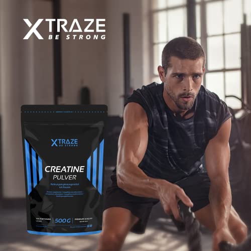 XTRAZE® Creatina Monohidrato en Polvo 500 g, Creatine Vegana 100% pura, Suplemento Deportivo sin Aditivos Innecesarios, para el Entrenamiento con Pesas, Muscular Aumentar, Fitness y Deporte