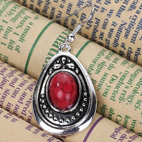 Yazilind vendimia de color plata Red Oval turquesa cuelga gota de los pendientes del gancho Mujeres de regalo