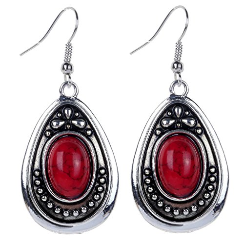 Yazilind vendimia de color plata Red Oval turquesa cuelga gota de los pendientes del gancho Mujeres de regalo