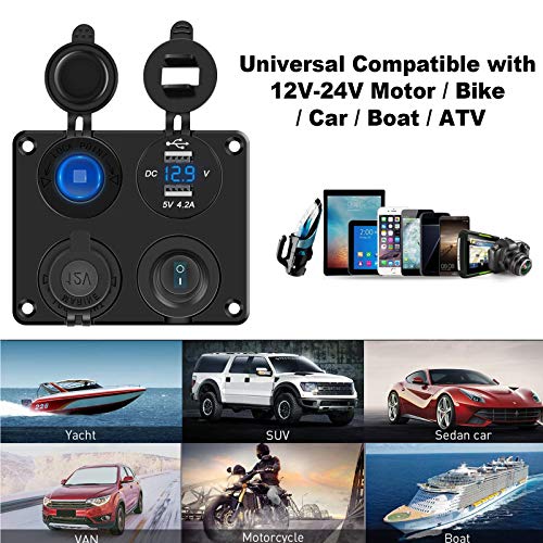 YGL 12V/24V Toma de Mechero Marino Impermeable,5V/4.2 A Toma de Cargador USB con Voltímetro LED e Interruptor Maestro,para Automóvil,Marina,Motocicleta,RV