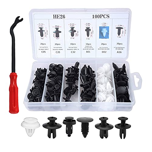 Ymentopyu Remaches Plastico 100 Piezas Clips Coche Clips Grapas Coche Remaches Plástico Rivet Trim Clamp con Herramienta de Desmontar Universales para Guardabarros Coche Plastico Panel