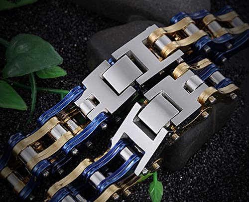 ZMJYH Maravillosa Pulsera De Acero De Titanio, Pulsera De Ciclismo Tendencia Oro Azul Engrosamiento Cadena De Bicicleta Pulsera De Acero De Titanio Joyería, Impermeable 22 Cm Unisex