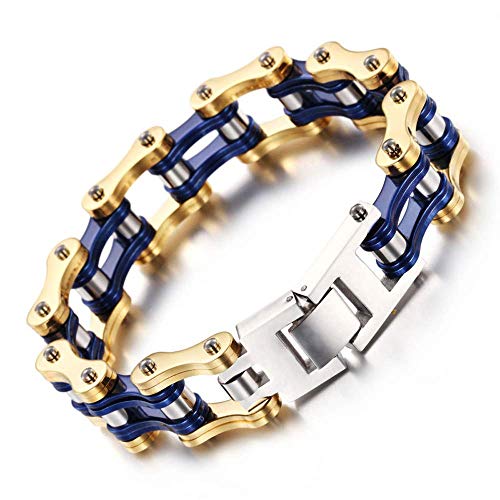 ZMJYH Maravillosa Pulsera De Acero De Titanio, Pulsera De Ciclismo Tendencia Oro Azul Engrosamiento Cadena De Bicicleta Pulsera De Acero De Titanio Joyería, Impermeable 22 Cm Unisex