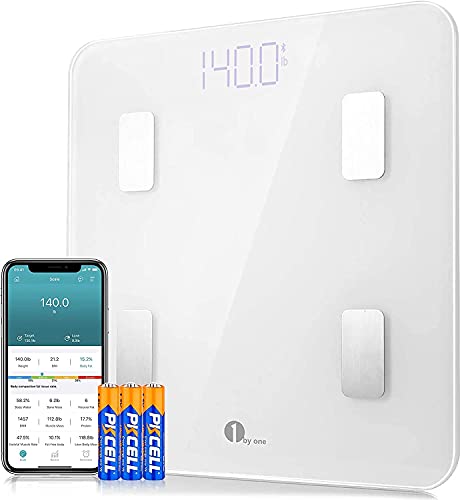 1byone Báscula de Baño, Báscula de Grasa Corporal, Balanza Peso Corporal Bluetooth, Bascula Grasa Corporal y Muscular, Alta Precisión, 14 Medidas Esenciales, Exportar datos como Excel