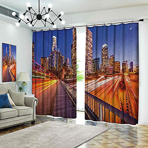 90% cortinas opacas para la noche, horizonte de la ciudad de Estados Unidos sobre la autopista Los Ángeles California Travel Destination, cortinas plisadas para dormitorio, sala de estar, 120 x 172 cm