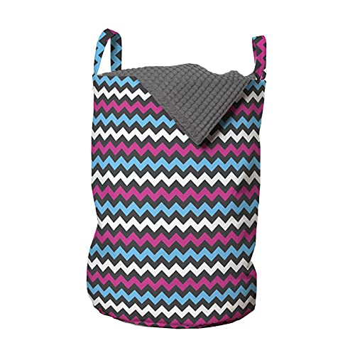 ABAKUHAUS Cheurón Bolsa de lavandería, Zigzag colorido Chueco, Cesta con asas Cierre de cordón para las lavanderías, 33 x 33 x 49 cm, Rosa Negro Azul Cielo