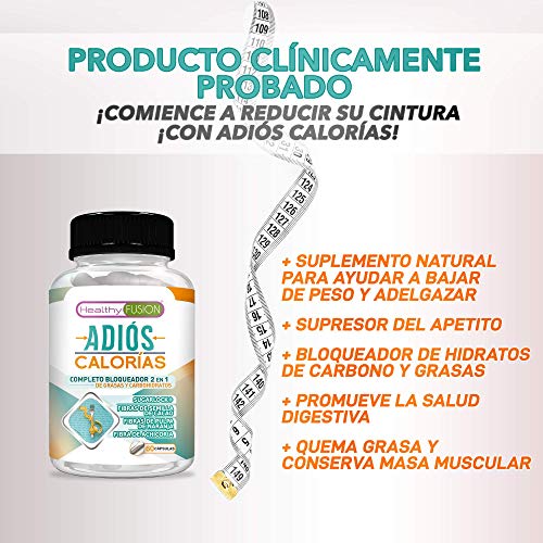 ADIÓS CALORÍAS Carb & Fat Blocker | Potente Bloqueador 2 en 1 de Carbohidratos y Grasas | Adelgazante Efectivo para mujeres y hombres | Compatible con todo tipo de Dietas | 60 Cápsulas