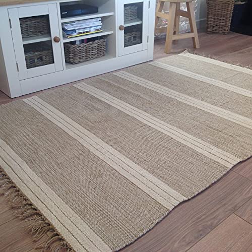 Alfombra Reteela de Tejido Plano de Rayas en Bloque Triple Beige Arena y Blanco Roto con Hilo de Yute de algodón 90cm x 150cm