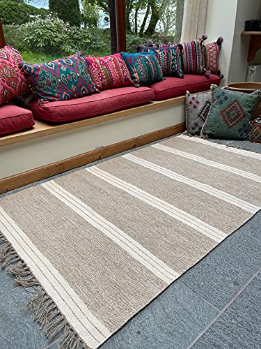 Alfombra Reteela de Tejido Plano de Rayas en Bloque Triple Beige Arena y Blanco Roto con Hilo de Yute de algodón 90cm x 150cm