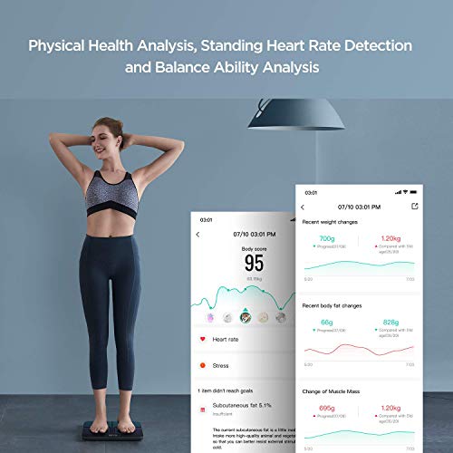 Amazfit Báscula de baño digital con gran pantalla LCD, detección de frecuencia cardíaca, alta precisión de medición de hasta 50 gramos, costes de calorías.
