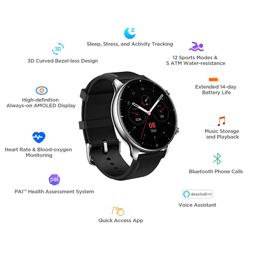 Amazfit GTR 2 Smartwatch Reloj Inteligente Fitness 12 Modos Deportivos 5 ATM Alexa Asistente Voz 3GB Almacenamiento de Música Llamadas telefónicas Bluetooth Stainless