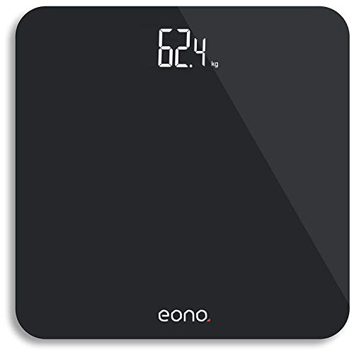 Amazon Brand – Eono Báscula de Baño Digital Ultrafina De Vidrio Templado Para el Baño Con Sensores De Alta Precisión, Sistema De Unidades: kg/lb/st, 15 Años De Garantía Negro