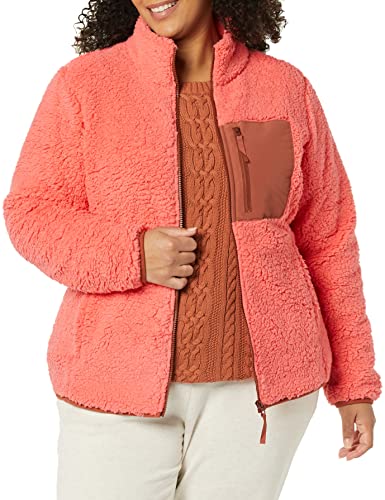 Amazon Essentials Sherpa Color Blocked Long-Sleeve Mockneck Full-Zip Jacket Chaqueta de Forro Polar, Rosa Coral/Marrón Tabaco, XS