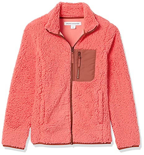 Amazon Essentials Sherpa Color Blocked Long-Sleeve Mockneck Full-Zip Jacket Chaqueta de Forro Polar, Rosa Coral/Marrón Tabaco, XS