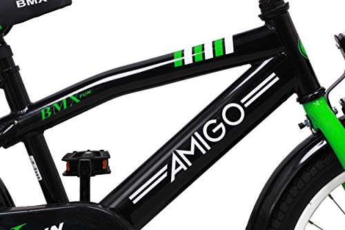 Amigo BMX Fun - Bicicleta Infantil de 16 Pulgadas - para niños de 4 a 6 años - con V-Brake, Freno de Retroceso, Timbre y ruedines - Negro/Verde