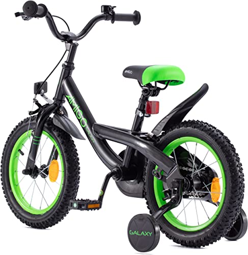 Amigo Galaxy - Bicicleta infantil para niño, 16 pulgadas, con freno de mano, contrapedal, portaequipajes delantero, manillar acolchado y ruedas de apoyo, para niños a partir de 4 años, color negro