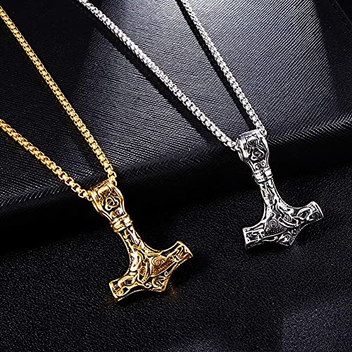 AMOZ Colgante de Martillo Mjolnir de 's Thor' para Hombre - Collar de Mitología de Acero Inoxidable Vikingo Nórdico, Cadena de Ciclista de Nudo Irlandés de 24 'Con Caja de Regalo, Moda,Oro