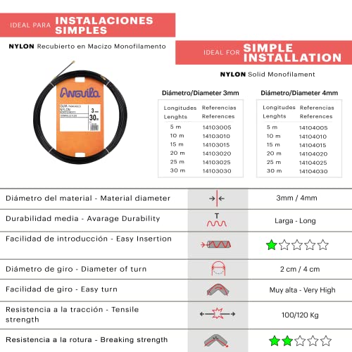 Anguila - Guía pasacables Nylon Monofilamento, 30 m, Diámetro 3mm, Terminales Fijos, Negro