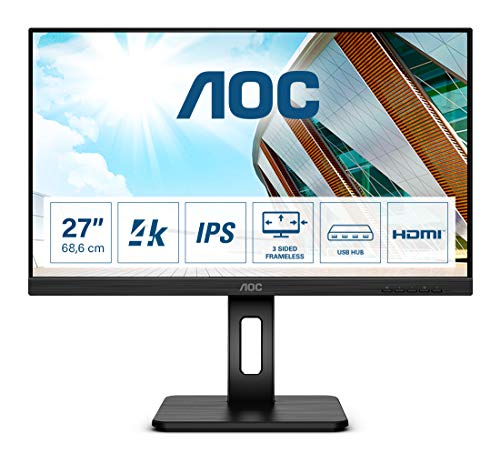 AOC U27P2 - Monitor Home Office - UHD 4K 27", 3840 x 2160, IPS, 60 Hz, 350 CD, Adaptive Sync, Regulable Altura, Color Negro