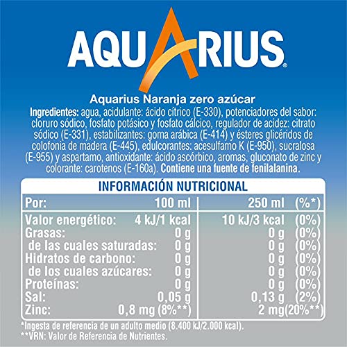 Aquarius Zero Azúcar Naranja - Bebida funcional con sales minerales, sin azúcar - botella 1,5L