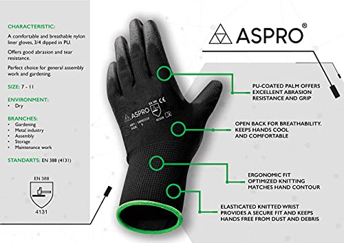 ASPRO 10 Pares de Guantes de Trabajo y Jardinería-Guantes de nylon negro con recubrimiento de poliuretano (PU) para obra, jardinería, mecánica, construcción, almacenes etc. Talla S (7)