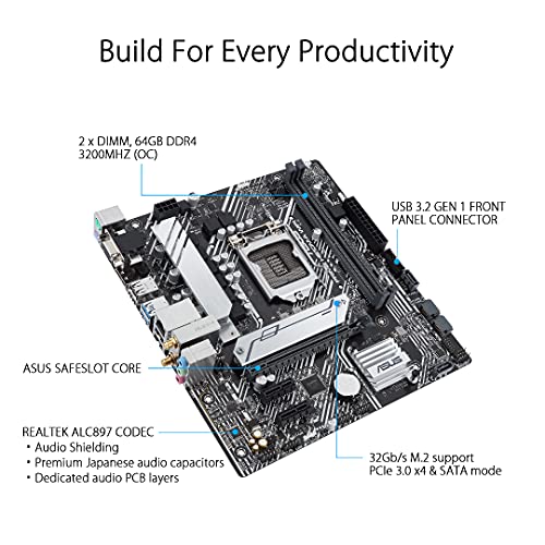 ASUS Prime H510M-A WiFi - Placa Base Micro-ATX (Intel H510 LGA 1200 (PCIe 4.0, Ranura M.2 de 32 GPS, WiFi 5, 1 GB Ethernet, USB 3.2 Gen. 1 de Tipo A, SATA 6 GPS, Aura direccionable Gen. 2)