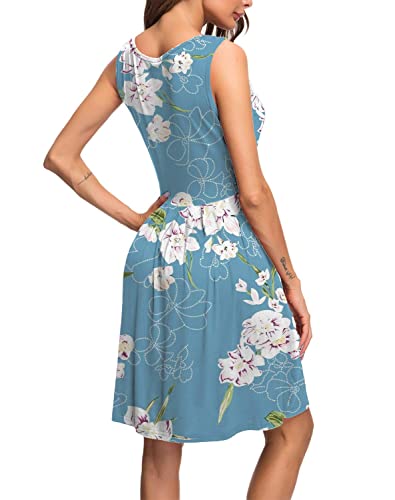 AUSELILY Vestido Informal sin Mangas con Pliegues Sueltos y Pliegues con Bolsillos hasta la Rodilla.(Flor Azul Claro,XL)