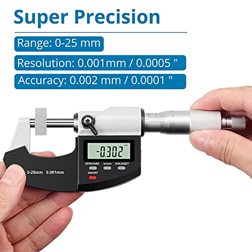 AUTOUTLET Micrómetro Exterior Digital 0-25 mm / 0,001 mm (0,00005"), Micrómetro digital LCD, Deslizador de micrómetro Medición métrica/pulgada, Herramienta de medición de alta precisión Micrómetro