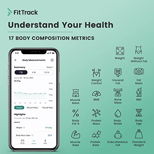 Báscula Inteligente FitTrack Dara Aprobada Por la FDA - Báscula de Baño Digital Bluetooth - Android & iOS - Báscula Grasa Corporal y Muscular - Monitor de Composición Corporal Con 17 Indicadores