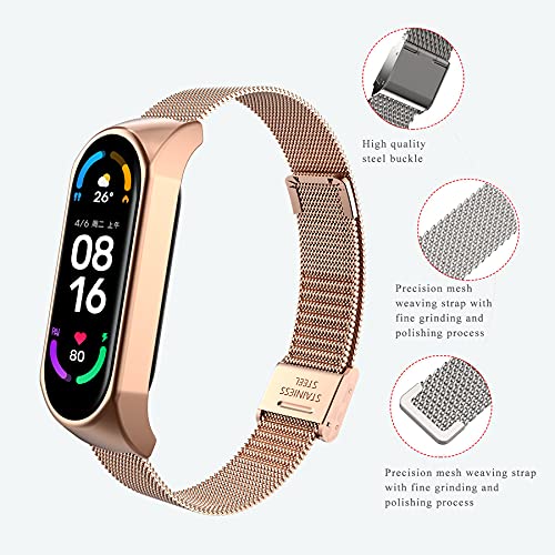 BDIG Correa Compatible para Xiaomi Mi Band 6 & Mi Band 5 Correas Metal + 2 Piezas Mi6/5 TPU Protector Pantalla, Pulsera de Acero Inoxidable Agradable para MiBand 5 MiBand 6 Correa (No Host), Oro Rosa