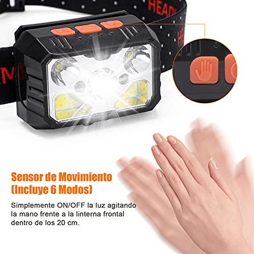 bedee Linterna Frontal, Frontal LED Recargable, Linterna Cabeza 7 Modos con Sensor y Luz Roja, 2 Unidades 1500 Lúmenes linterna Frontal LED Recargable Impermeable IPX5 para Running, Acampar, Pesca