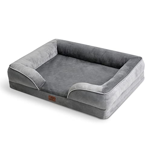 Bedsure Sofá Perro Ortopédica Grande - Cama Perro Desenfundable y Lavable, Colchon Perro con Forro Impermeable y Espuma Viscoelastica, Gris, L