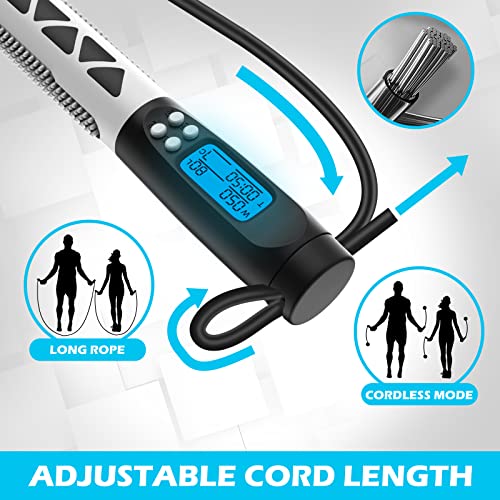 BiGosh Cuerda Saltar con Contador, 2 en 1 Comba de Saltar Fitness sin Cable Digital LCD Cuerda de Saltar Crossfit Ponderada Ajustable con Mango Antideslizante Cuerda Salto para Adultos Niños