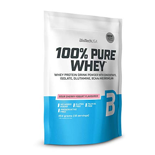 BioTechUSA 100% Pure Whey Complejo de suero de leche con bromelina, aminoácidos, sin azúcar añadido, sin aceite de palma, con edulcorante, 454 g, Cereza Agria-Yogur