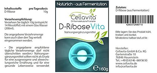 Cellavita D-Ribose Vita Polvo - Azúcar natural simple (monosacárido) Ribose natural | (160 g)