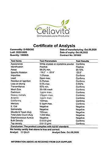 Cellavita D-Ribose Vita Polvo - Azúcar natural simple (monosacárido) Ribose natural | (160 g)