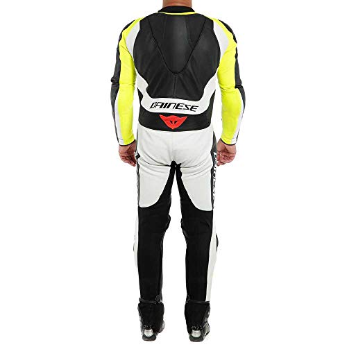 Dainese Assen 2 - Traje de motorista de piel perforada (1 pieza), color negro, blanco y amarillo