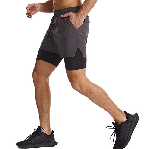 Danfiki Pantalones cortos para hombre para correr con bolsillo para teléfono 2 en 1, pantalones cortos de entrenamiento de gimnasio ligeros de secado rápido, gris, 46