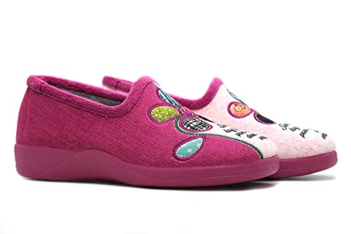 DeValverde - 1130 Berengena - Zapatilla de IR por casa con cuña, Chinela Cubierta, Pantufla Cerrada, Dibujo Flor, para: Mujer Color: BERENGENA Talla:37