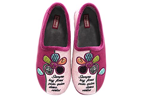 DeValverde - 1130 Berengena - Zapatilla de IR por casa con cuña, Chinela Cubierta, Pantufla Cerrada, Dibujo Flor, para: Mujer Color: BERENGENA Talla:37