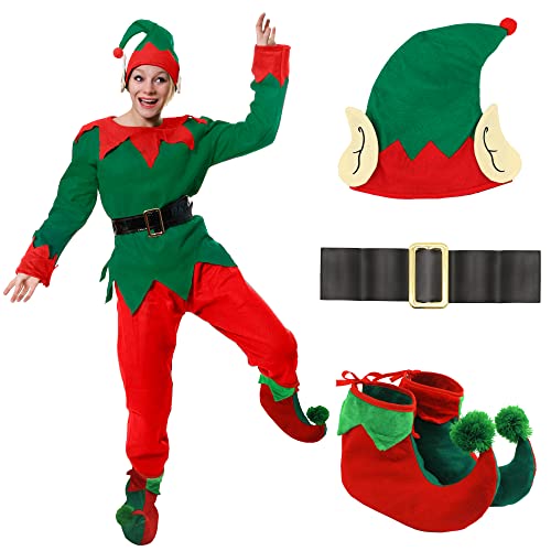 DISFRAZ DE ELFO PARA ADULTOS DISFRAZ NAVIDEÑOS - TÚNICA VERDE ELFO DESCARADO + PANTALÓN ROJO + CINTURÓN NEGRO + SOMBRERO CON OREJAS + ZAPATOS DE LUJO POM POM ELF - XX-GRANDE EUR 50-52