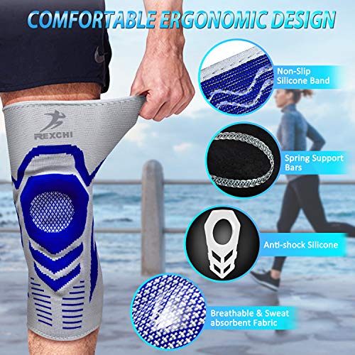 ENONEO Rodillera Ligamentos 2 Piezas Transpirable y Antideslizante Vendaje de Rodilla Hombre y Mujer Rodilleras Deportiva Compresion para Voleibol, Correr, Crossfit, Bicicleta(Azul XL)