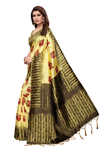 ETHNICMODE Women's Art Silk Fabrics Multi-Colored Printed Sari with Blouse Piece (Fabric) NAGMAA Lemon