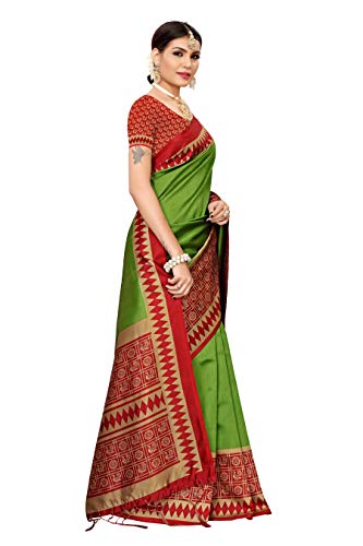 ETHNICMODE Women's Banarasi Art Silk Fabrics Multi-Colored Printed Sari with Blouse Piece (Fabric) ANJANA Mehendi