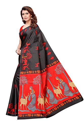 ETHNICMODE Women's Khadi Silk Fabrics Multi-Colored Printed Sari with Blouse Piece (Fabric) Kalamkari 12 Black