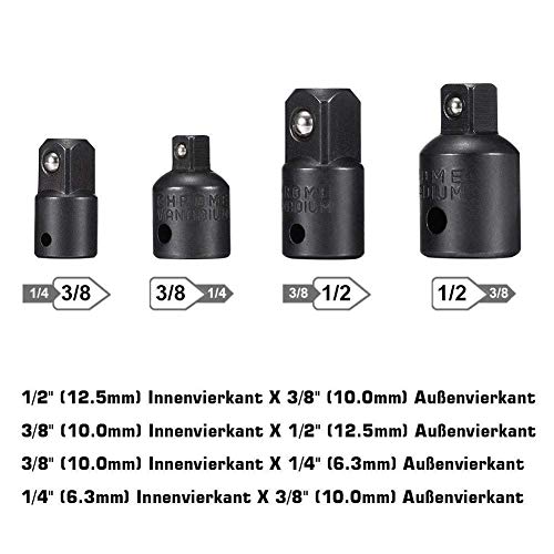 EVANCE 8 piezas Adaptador de impacto Socket Adaptador Socket Wrench 1/4", 1/2", 3/8"+ Socket Adaptador 4 piezas 1/4 a 3/8-3/8 a 1/4 in. - 3/8 a 1/2-1/2 a 3/8 (Black)